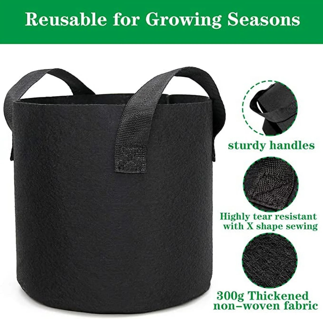 6Pack 5 Gallon Grow Bags Garden Heavy Duty Non-Woven Aeration Plant Fabric Pot Vegetables Container (Black)