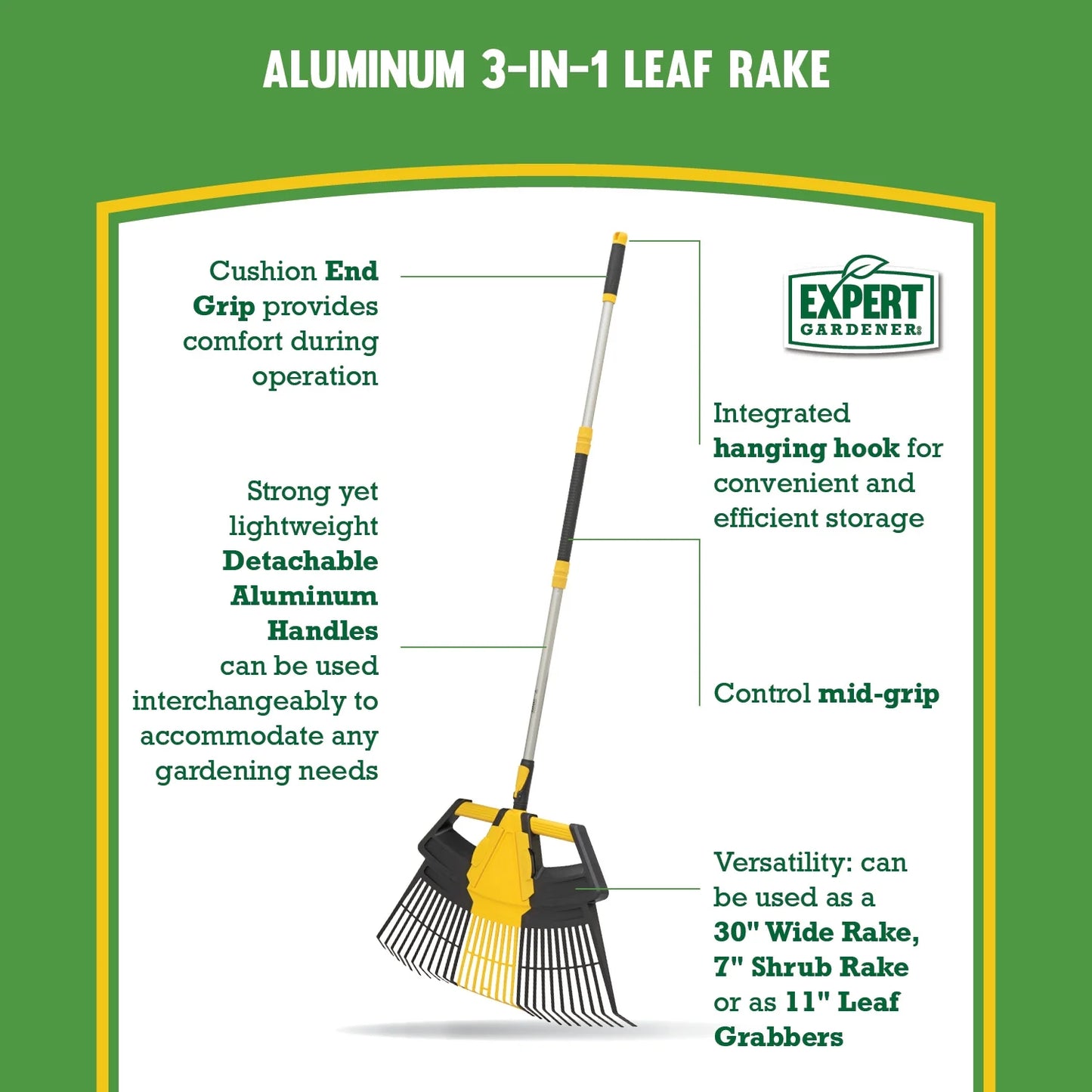 3-In-1 Leaf Rake, Functions as 30In Leaf Rake, 7In Shrub Rake or Leaf Scoops